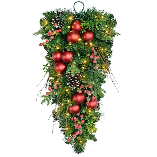 Puleo International 28" Pre-Lit Ornaments, Pinecones & Red Berries Artificial Teardrop Swag